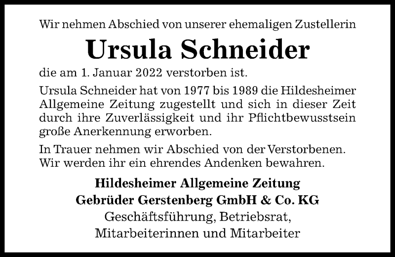  Traueranzeige für Ursula Schneider vom 15.01.2022 aus Hildesheimer Allgemeine Zeitung