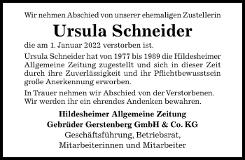 Traueranzeige von Ursula Schneider von Hildesheimer Allgemeine Zeitung