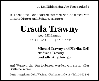 Traueranzeige von Ursula Trawny von Hildesheimer Allgemeine Zeitung