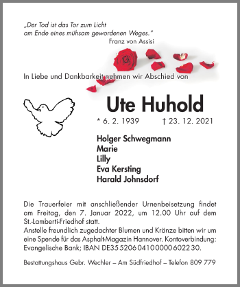 Traueranzeige von Ute Huhold von Hildesheimer Allgemeine Zeitung