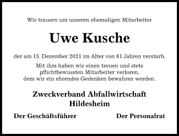 Traueranzeige von Uwe Kusche von Hildesheimer Allgemeine Zeitung