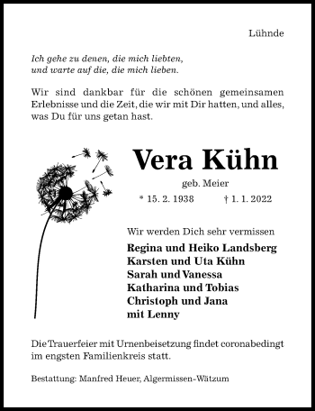 Traueranzeige von Vera Kühn von Hildesheimer Allgemeine Zeitung