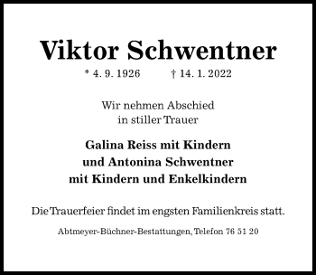Traueranzeige von Viktor Schwentner von Hildesheimer Allgemeine Zeitung
