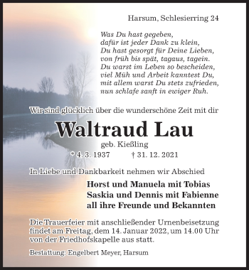 Traueranzeige von Waltraud Lau von Hildesheimer Allgemeine Zeitung