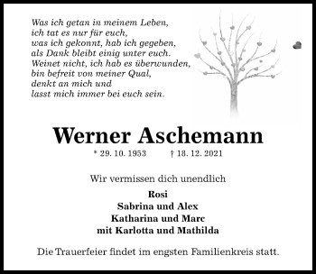 Traueranzeige von Werner Aschemann von Hildesheimer Allgemeine Zeitung
