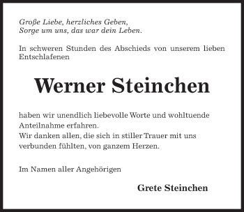 Traueranzeige von Werner Steinchen von Hildesheimer Allgemeine Zeitung