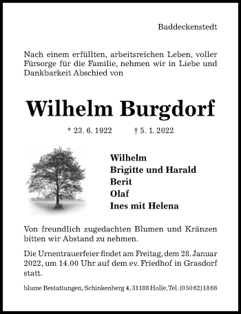 Traueranzeige von Wilhelm Burgdorf von Hildesheimer Allgemeine Zeitung