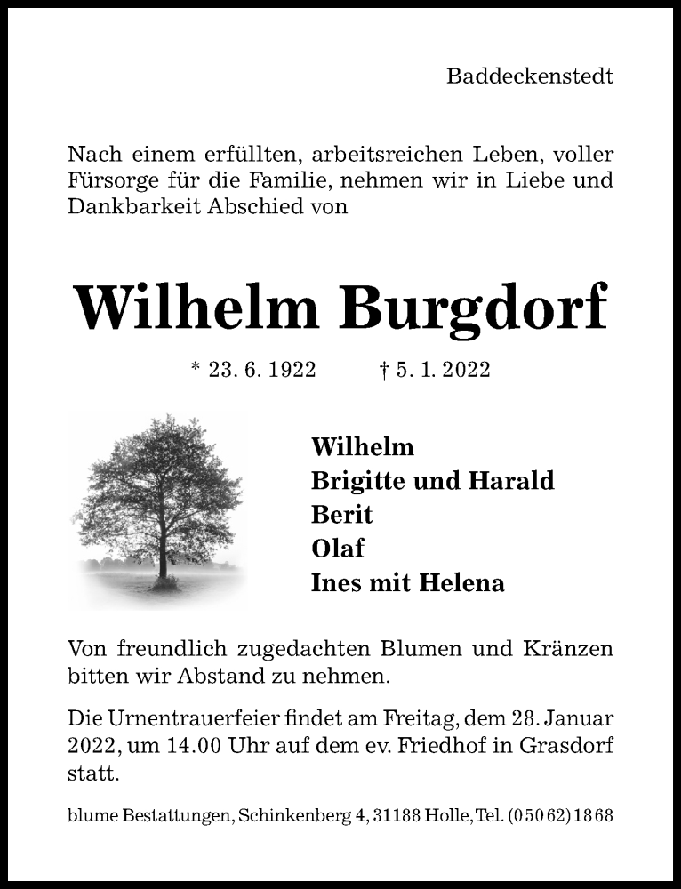  Traueranzeige für Wilhelm Burgdorf vom 25.01.2022 aus Hildesheimer Allgemeine Zeitung
