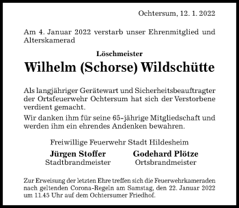 Traueranzeige von Wilhelm Wildschütte von Hildesheimer Allgemeine Zeitung