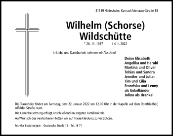 Traueranzeige von Wilhelm Wildschütte von Hildesheimer Allgemeine Zeitung