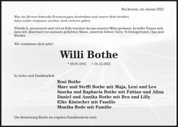 Traueranzeige von Willi Bothe von Hildesheimer Allgemeine Zeitung