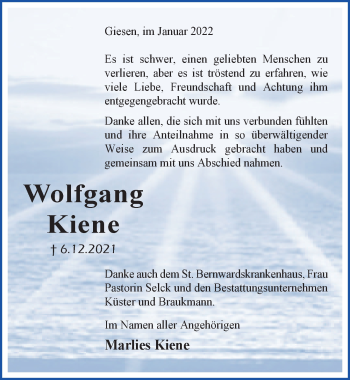 Traueranzeige von Wolfgang Kiene von Hildesheimer Allgemeine Zeitung