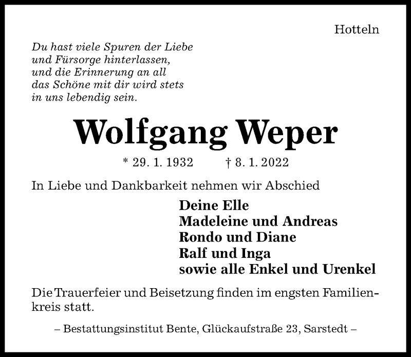  Traueranzeige für Wolfgang Weper vom 11.01.2022 aus Hildesheimer Allgemeine Zeitung
