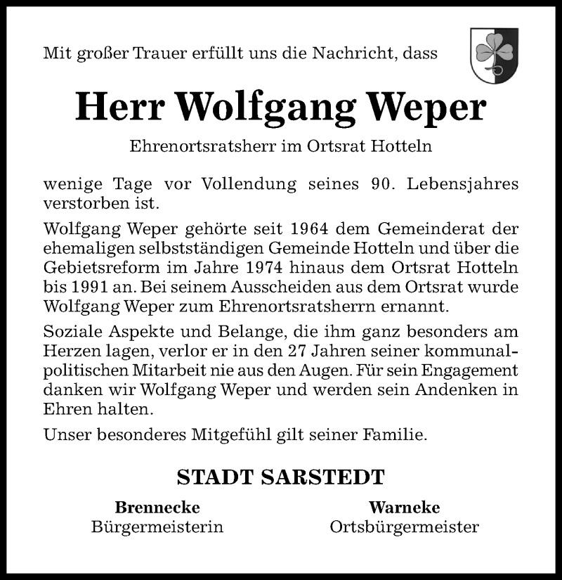  Traueranzeige für Wolfgang Weper vom 13.01.2022 aus Hildesheimer Allgemeine Zeitung