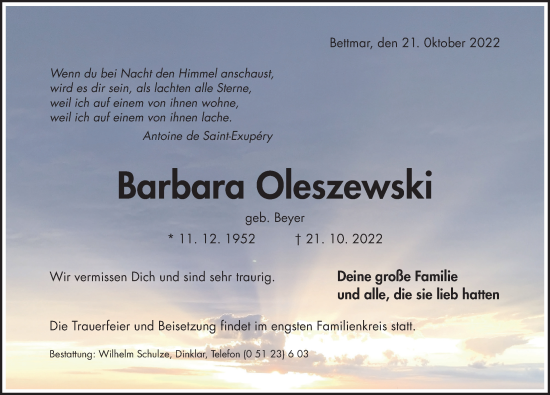 Traueranzeige von Barbara Oleszewski von Hildesheimer Allgemeine Zeitung