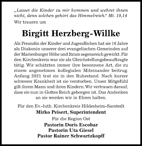 Traueranzeige von Birgitt Herzberg-Willke von Hildesheimer Allgemeine Zeitung