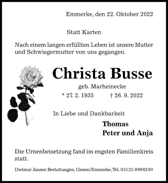 Traueranzeige von Christa Busse von Hildesheimer Allgemeine Zeitung