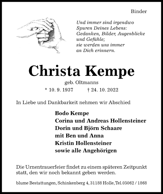 Traueranzeige von Christa Kempe von Hildesheimer Allgemeine Zeitung