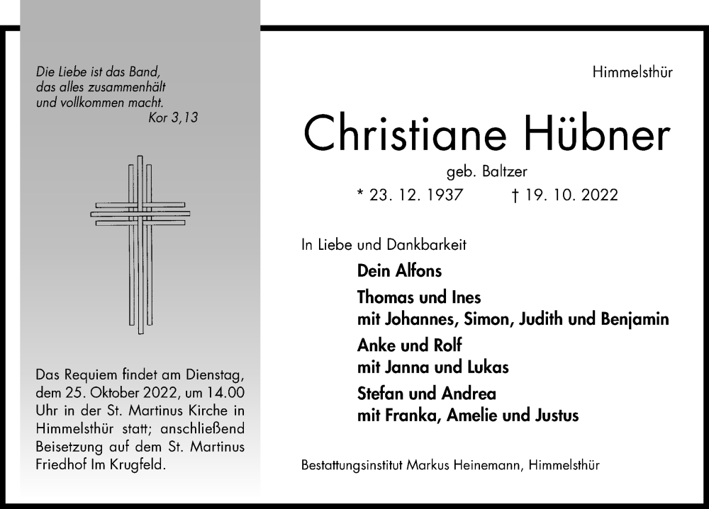  Traueranzeige für Christiane Hübner vom 22.10.2022 aus Hildesheimer Allgemeine Zeitung