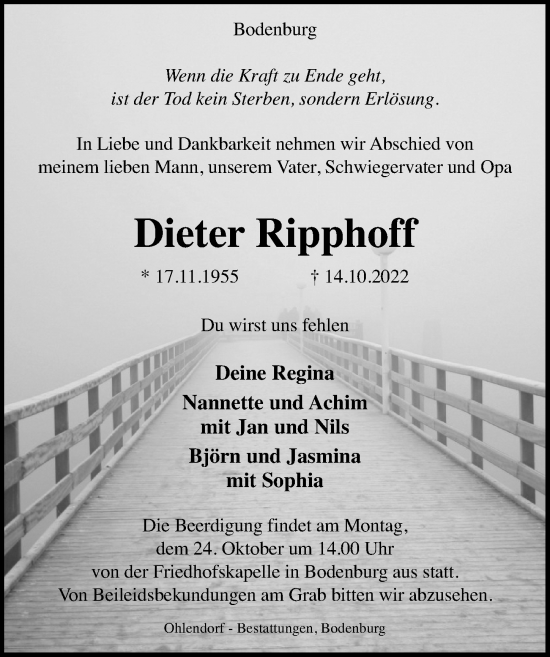 Traueranzeige von Dieter Ripphoff von Hildesheimer Allgemeine Zeitung