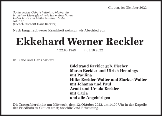 Traueranzeige von Ekkehard Werner Reckler von Hildesheimer Allgemeine Zeitung