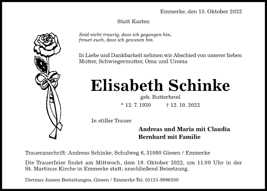 Traueranzeige von Elisabeth Schinke von Hildesheimer Allgemeine Zeitung