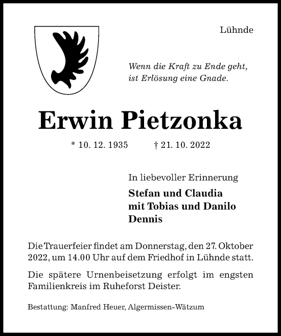 Traueranzeige von Erwin Pietzonka von Hildesheimer Allgemeine Zeitung