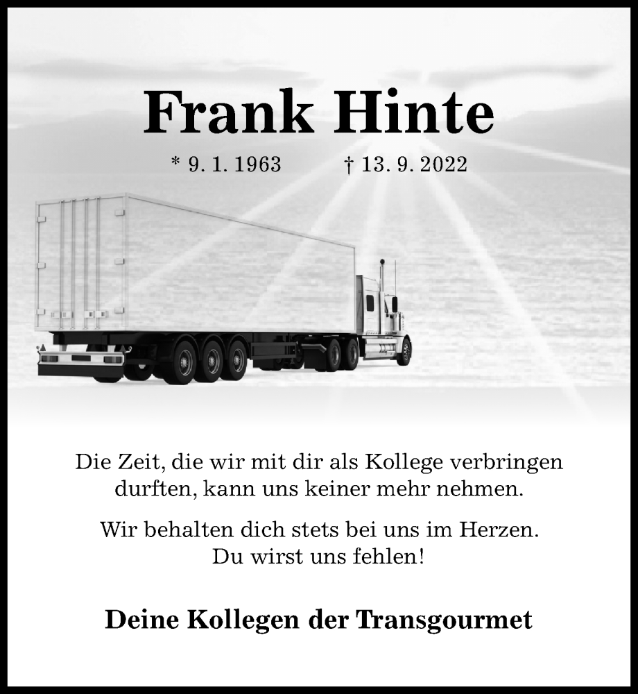  Traueranzeige für Frank Hinte vom 12.10.2022 aus Hildesheimer Allgemeine Zeitung