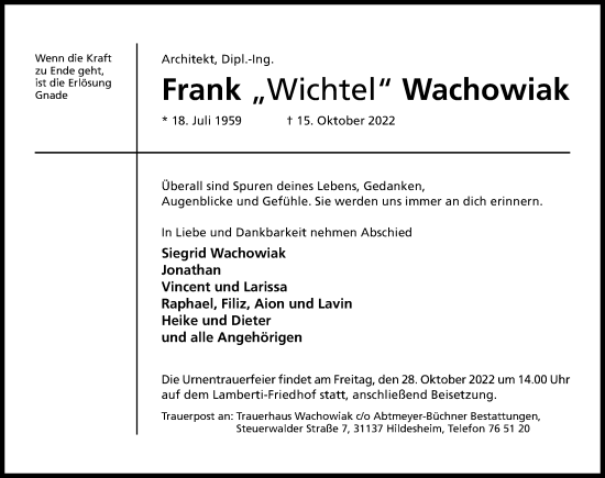 Traueranzeige von Frank Wachowiak von Hildesheimer Allgemeine Zeitung