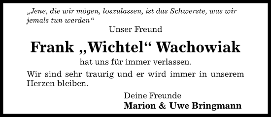 Traueranzeige von Frank Wachowiak von Hildesheimer Allgemeine Zeitung
