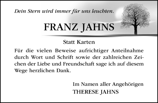 Traueranzeige von Franz Jahns von Hildesheimer Allgemeine Zeitung