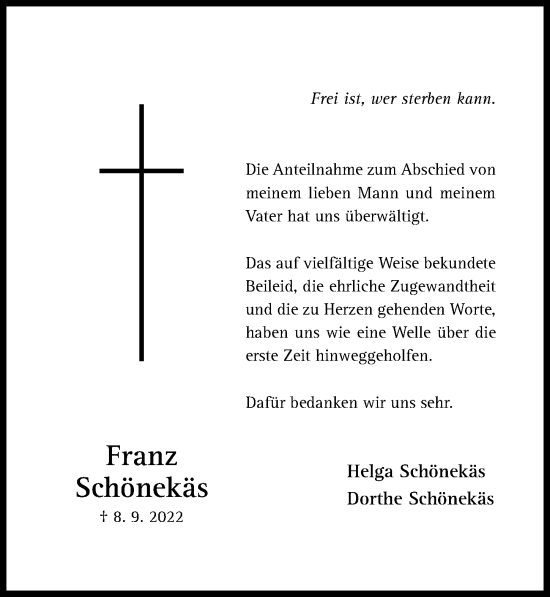 Traueranzeige von Franz Schönekäs von Hildesheimer Allgemeine Zeitung