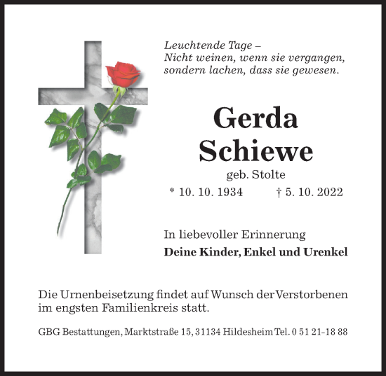 Traueranzeigen Von Gerda Schiewe | Trauerportal Hildesheimer Allgemeine ...