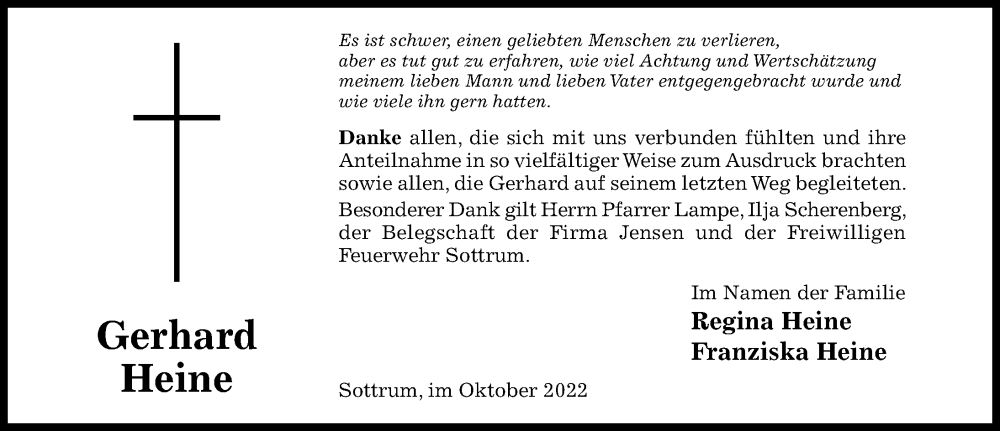 Traueranzeige für Gerhard Heine vom 19.10.2022 aus Hildesheimer Allgemeine Zeitung