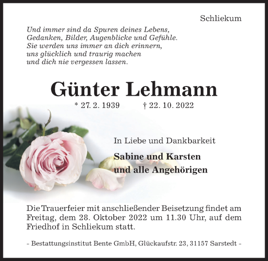 Traueranzeige von Günter Lehmann von Hildesheimer Allgemeine Zeitung