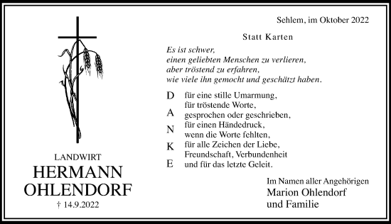 Traueranzeige von Hermann Ohlendorf von Hildesheimer Allgemeine Zeitung