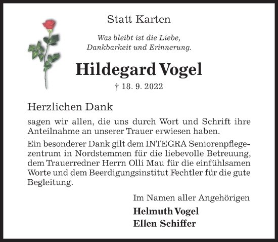 Traueranzeige von Hildegard Vogel von Hildesheimer Allgemeine Zeitung