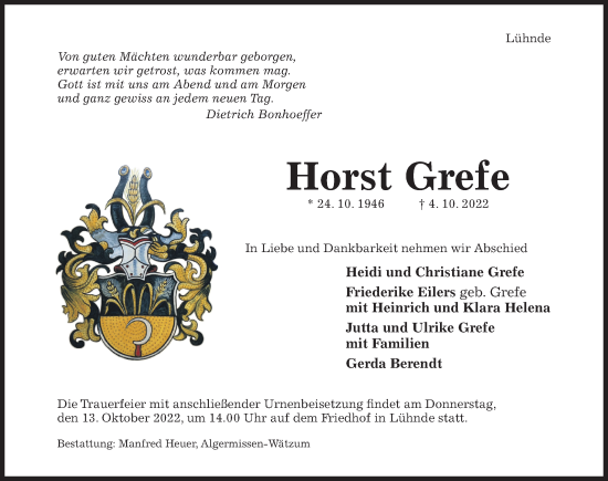 Traueranzeige von Horst Grefe von Hildesheimer Allgemeine Zeitung