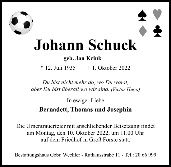 Traueranzeige von Johann Schuck von Hildesheimer Allgemeine Zeitung