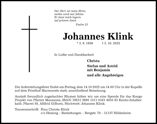 Traueranzeige von Johannes Klink von Hildesheimer Allgemeine Zeitung