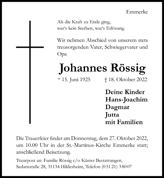 Traueranzeige von Johannes Rössig von Hildesheimer Allgemeine Zeitung