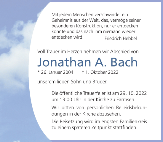 Traueranzeige von Jonathan A. Bach von Hildesheimer Allgemeine Zeitung