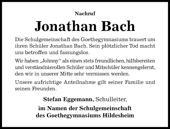 Traueranzeige von Jonathan A. Bach von Hildesheimer Allgemeine Zeitung