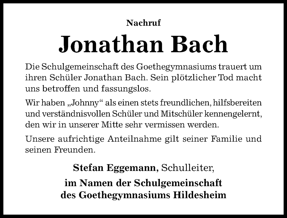  Traueranzeige für Jonathan A. Bach vom 13.10.2022 aus Hildesheimer Allgemeine Zeitung