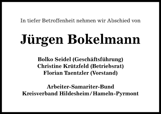 Traueranzeige von Jürgen Bokelmann von Hildesheimer Allgemeine Zeitung
