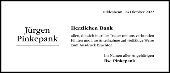 Traueranzeige von Jürgen Pinkepank von Hildesheimer Allgemeine Zeitung