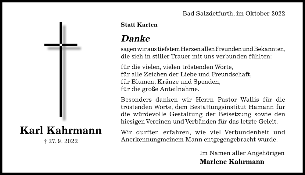  Traueranzeige für Karl Kahrmann vom 22.10.2022 aus Hildesheimer Allgemeine Zeitung