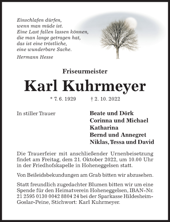 Traueranzeige von Karl Kuhrmeyer von Hildesheimer Allgemeine Zeitung