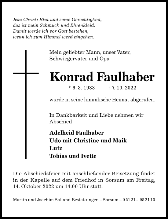 Traueranzeige von Konrad Faulhaber von Hildesheimer Allgemeine Zeitung