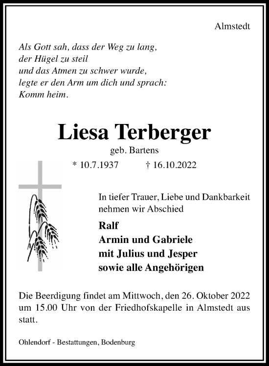 Traueranzeige von Liesa Terberger von Hildesheimer Allgemeine Zeitung